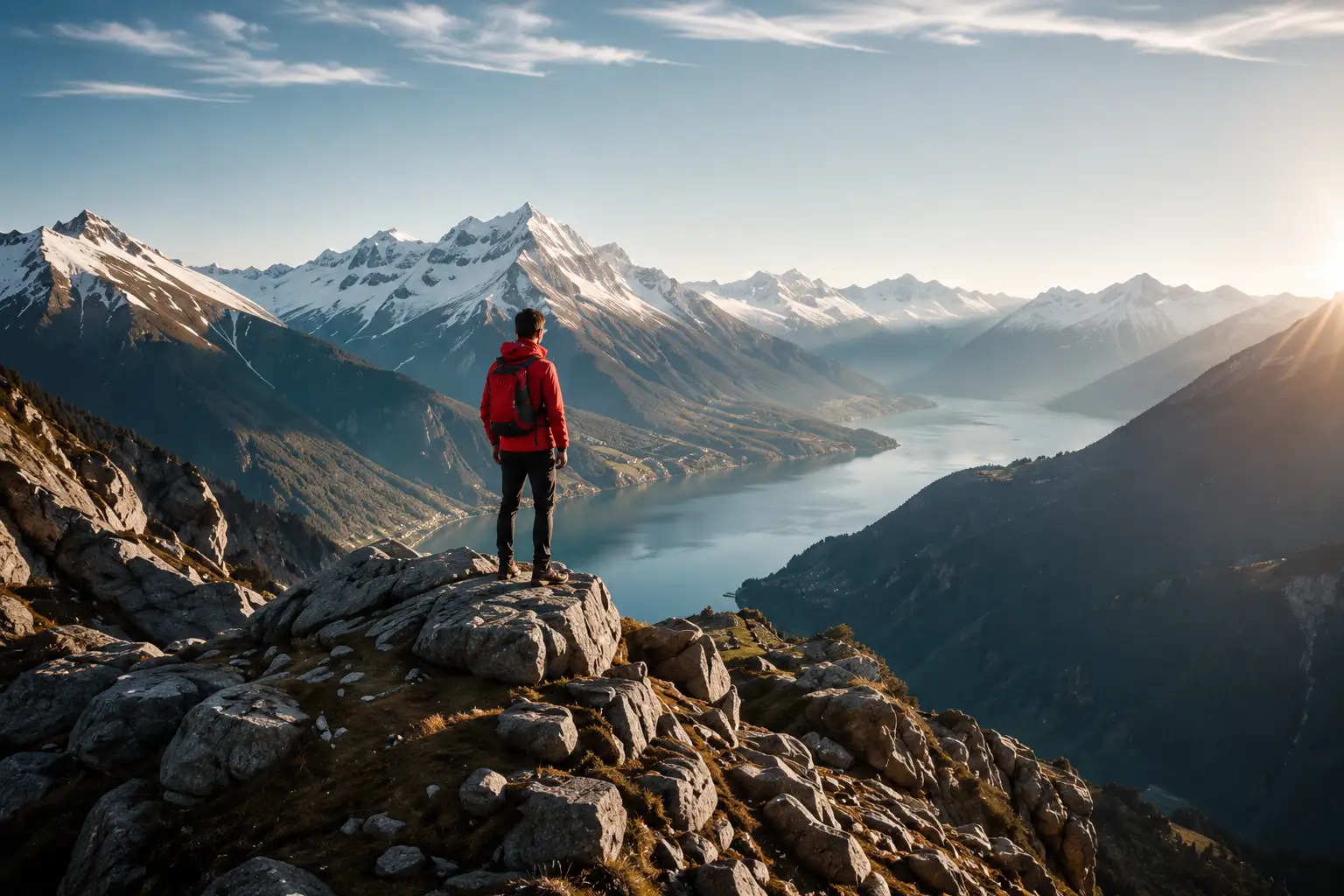 Hiker overlooking Swiss mountains and lake