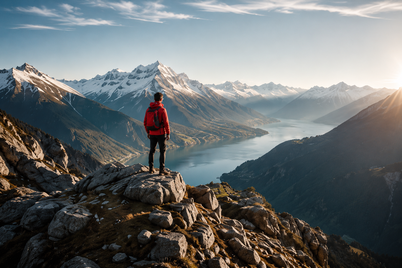 Hiker overlooking Swiss mountains and lake